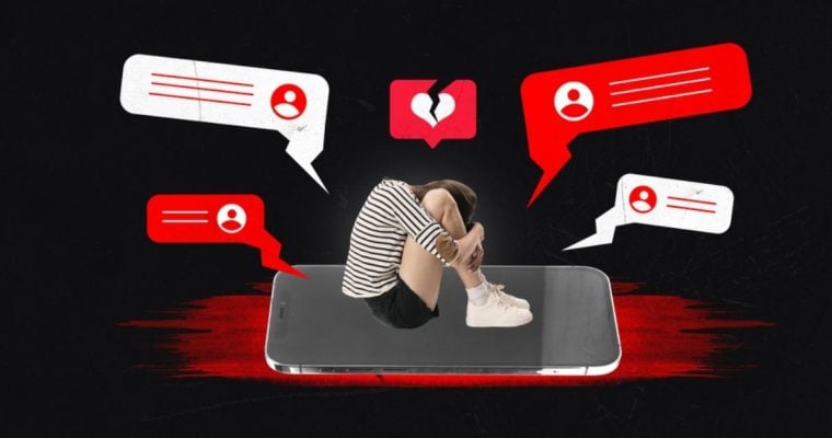 Collage of Woman Crouched on Oversized Smartphone with Abussive Comments Surrounding Her