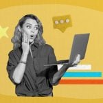 Art Collage Image with Surprised Woman Holding Laptop and Gold Star Online Feedback