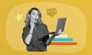 Art Collage Image with Surprised Woman Holding Laptop and Gold Star Online Feedback
