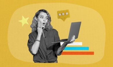 Art Collage Image with Surprised Woman Holding Laptop and Gold Star Online Feedback