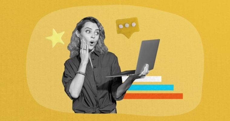 Art Collage Image with Surprised Woman Holding Laptop and Gold Star Online Feedback
