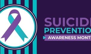 Suicide Prevention Awareness Month Poster Featuring Purple and Aqua Ribbon