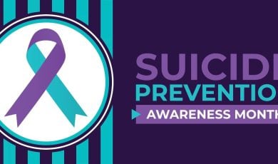 Suicide Prevention Awareness Month Poster Featuring Purple and Aqua Ribbon