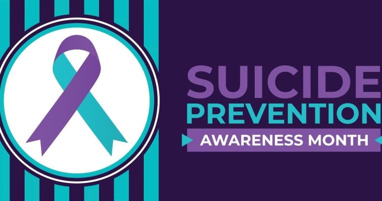 Suicide Prevention Awareness Month Poster Featuring Purple and Aqua Ribbon