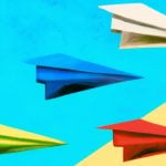 Illustration of Hand-Painted Paper Airplanes on Colorblocked Background