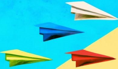 Illustration of Hand-Painted Paper Airplanes on Colorblocked Background