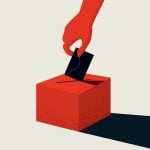 Art Image of Voting Concept with Red Hand Placing Black Envelope in Red Box