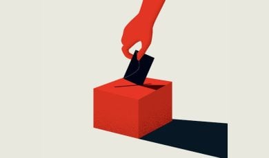 Art Image of Voting Concept with Red Hand Placing Black Envelope in Red Box