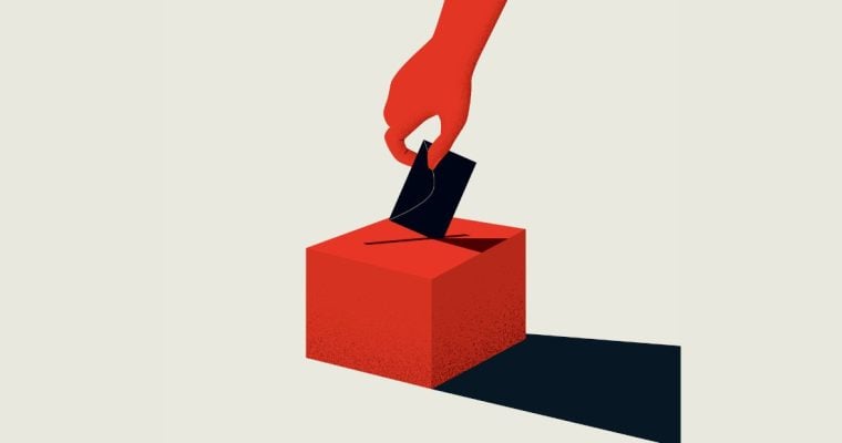 Art Image of Voting Concept with Red Hand Placing Black Envelope in Red Box