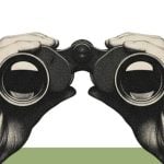 Art Collage Image of Hands Holding Binoculars on Green Background