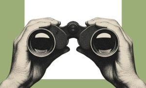 Art Collage Image of Hands Holding Binoculars on Green Background