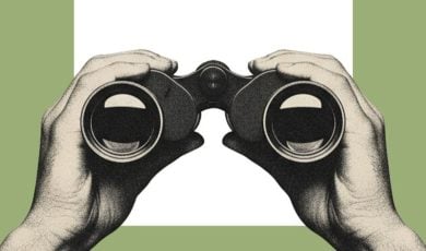 Art Collage Image of Hands Holding Binoculars on Green Background