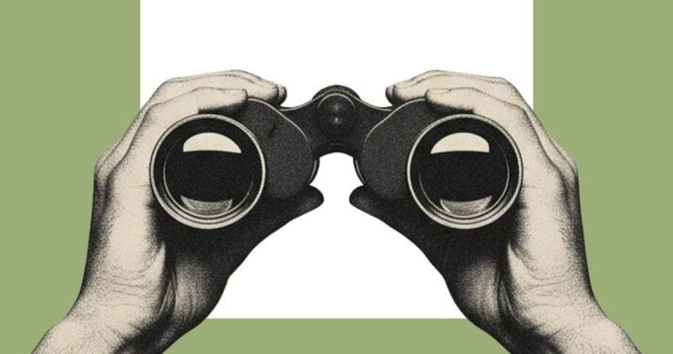 Art Collage Image of Hands Holding Binoculars on Green Background