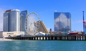 Bright Blue Skies Behind Atlantic City Casinos and Ferris Wheel in New Jersey