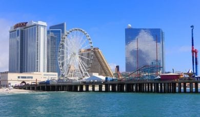 Bright Blue Skies Behind Atlantic City Casinos and Ferris Wheel in New Jersey