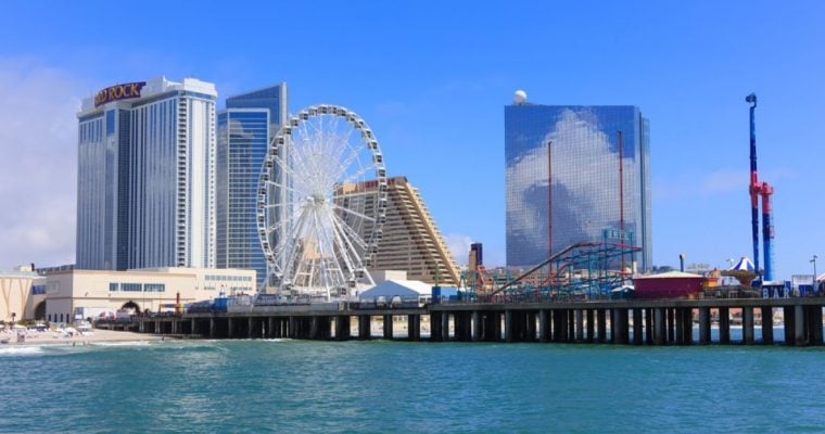 Bright Blue Skies Behind Atlantic City Casinos and Ferris Wheel in New Jersey