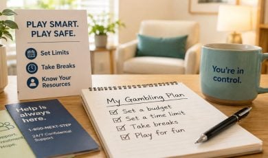 Notepad, Mug, Desk Sign and Cards with Arizona's New Responsible Gambling Messages on Desk