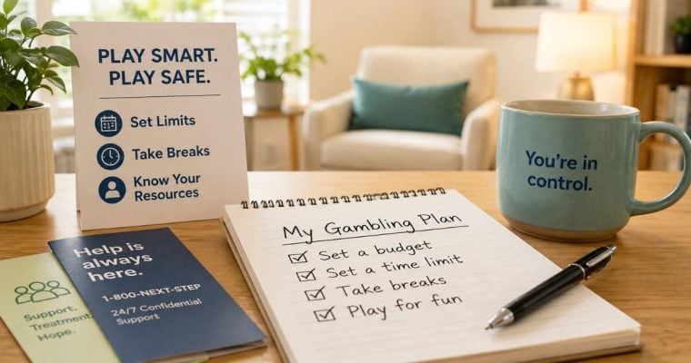 Notepad, Mug, Desk Sign and Cards with Arizona's New Responsible Gambling Messages on Desk