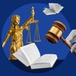 Gold Justice Statue With Books, and Hand Holding Judge's Gavel Collage on Blue Background