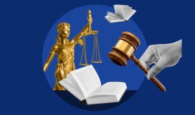Gold Justice Statue With Books, and Hand Holding Judge's Gavel Collage on Blue Background