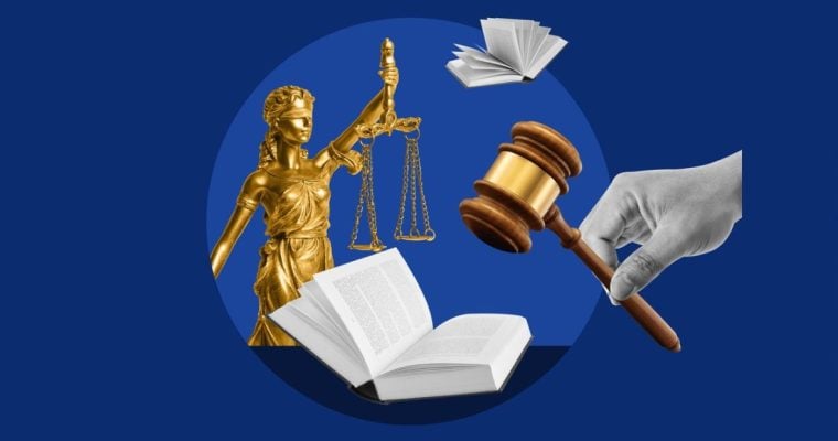 Gold Justice Statue With Books, and Hand Holding Judge's Gavel Collage on Blue Background