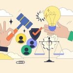 Hands Hold Light Bulb and Judge's Gavel with Scales and People Icons