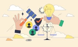 Hands Hold Light Bulb and Judge's Gavel with Scales and People Icons