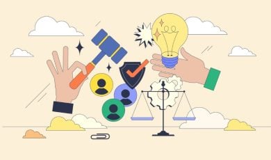 Hands Hold Light Bulb and Judge's Gavel with Scales and People Icons