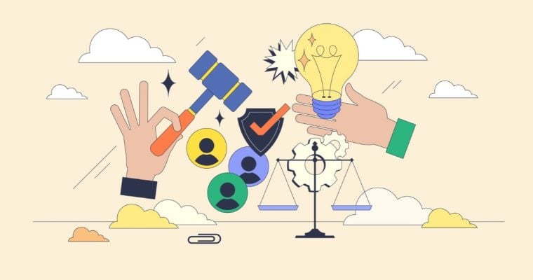 Hands Hold Light Bulb and Judge's Gavel with Scales and People Icons