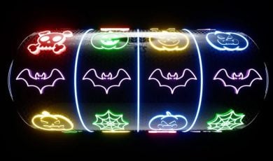 Digital Halloween-Themed Slot Reel with Bats, Pumpkins, and Spider Web Symbols