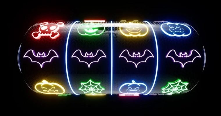 Digital Halloween-Themed Slot Reel with Bats, Pumpkins, and Spider Web Symbols