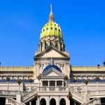 Front Facade of Pennsylvania's Capitol Building With Bright Blue Sky