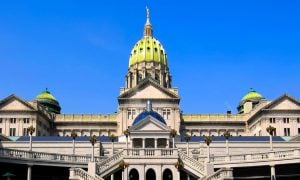 Front Facade of Pennsylvania's Capitol Building With Bright Blue Sky