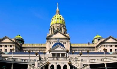 Front Facade of Pennsylvania's Capitol Building With Bright Blue Sky