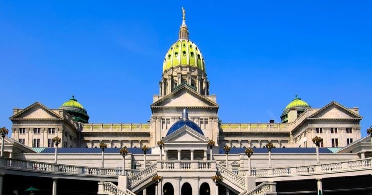 Front Facade of Pennsylvania's Capitol Building With Bright Blue Sky