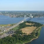 Bronx, NY, Aerial View of Whitestone Bridge Near Ferry Point Park