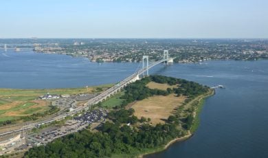 Bronx, NY, Aerial View of Whitestone Bridge Near Ferry Point Park