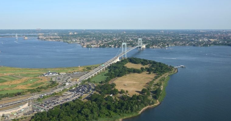 Bronx, NY, Aerial View of Whitestone Bridge Near Ferry Point Park