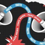 Blue Facts Ribbon and Red Fake News Ribbon Coming Out of Opposing Megaphones