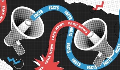 Blue Facts Ribbon and Red Fake News Ribbon Coming Out of Opposing Megaphones