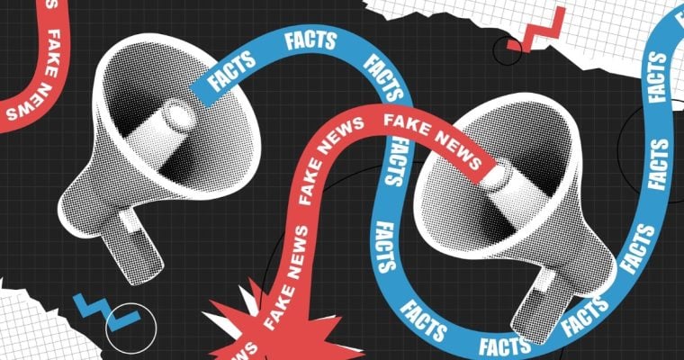 Blue Facts Ribbon and Red Fake News Ribbon Coming Out of Opposing Megaphones
