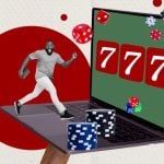 777 Displayed on Laptop with Poker Chips and Black Man Running on Keyboard
