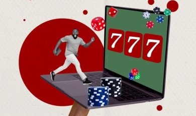 777 Displayed on Laptop with Poker Chips and Black Man Running on Keyboard