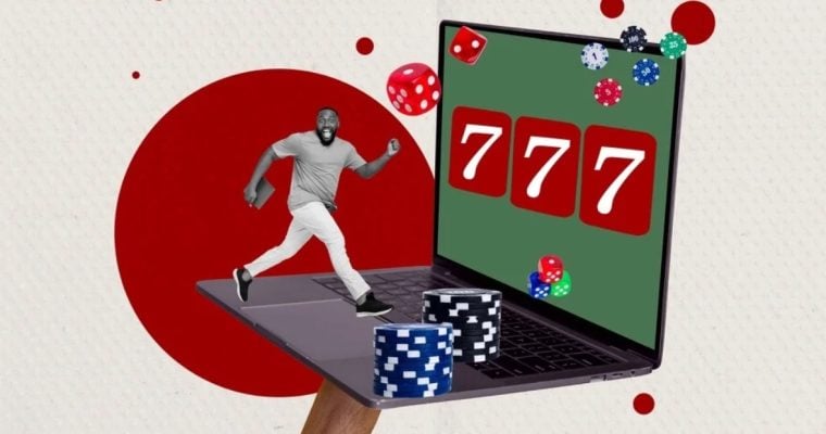 777 Displayed on Laptop with Poker Chips and Black Man Running on Keyboard