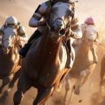 Jockeys Race on Thoroughbred Horses With Sunset Background