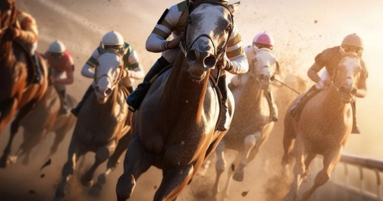 Jockeys Race on Thoroughbred Horses With Sunset Background