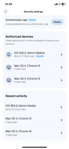 Gemini Authorized devices and recent activity