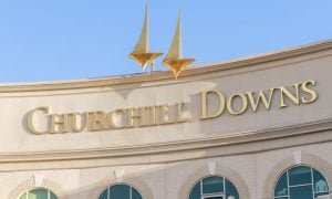 Blue Skies Behind Facade of Churchill Downs Building in Kentucky