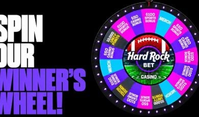 Text Reads Spin Our Winner's Wheel! Next to a Colorful Wheel on New Hard Rock Bet AC Promotion
