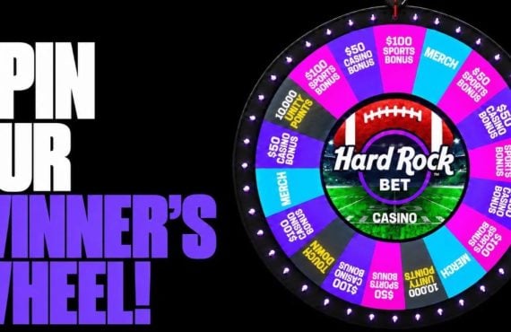 Text Reads Spin Our Winner's Wheel! Next to a Colorful Wheel on New Hard Rock Bet AC Promotion